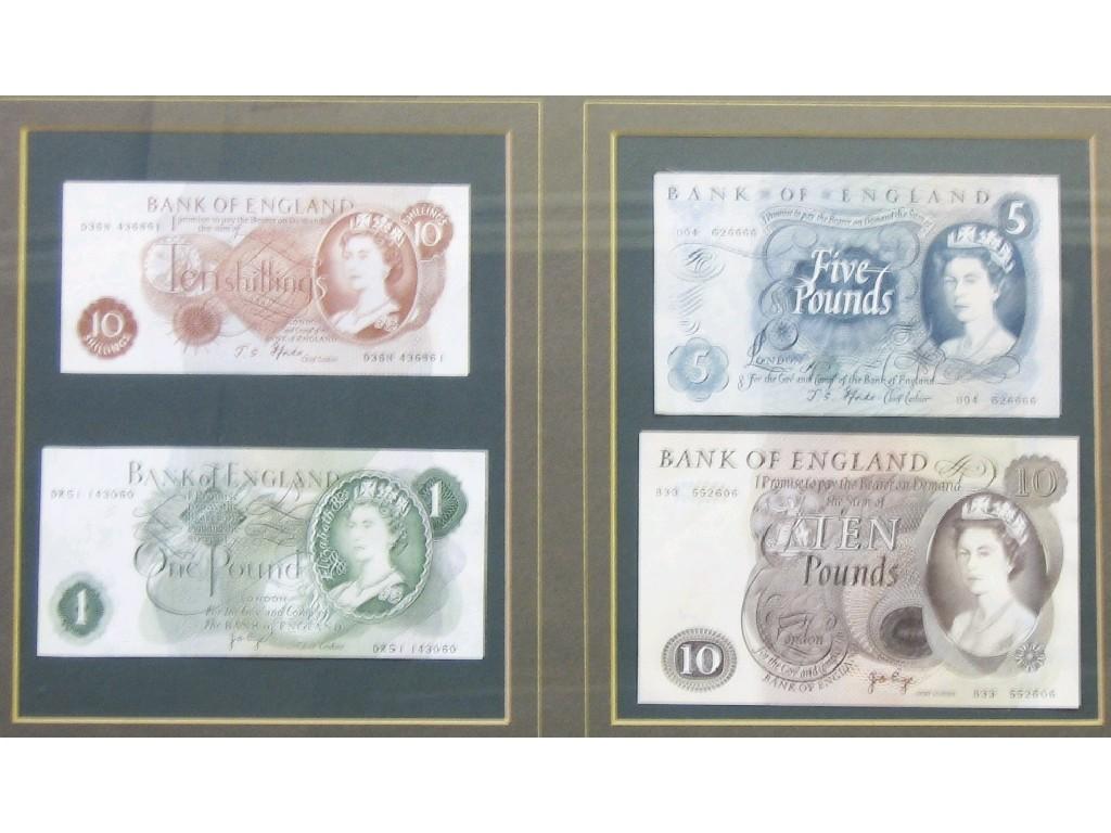 Appraisal: FOUR ELIZABETH II BANK NOTES ten shillings one pound five