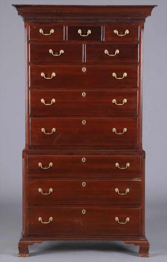 Appraisal: AMERICAN CHIPPENDALE CARVED MAHOGANY CHEST ON CHEST The molded cornice