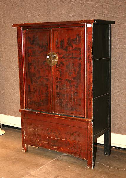 Appraisal: A red lacquered wood two-door cabinet With figure panels painted