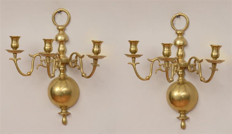 Appraisal: Pair of Baroque Style Brass Three-Light Wall Appliqu s x