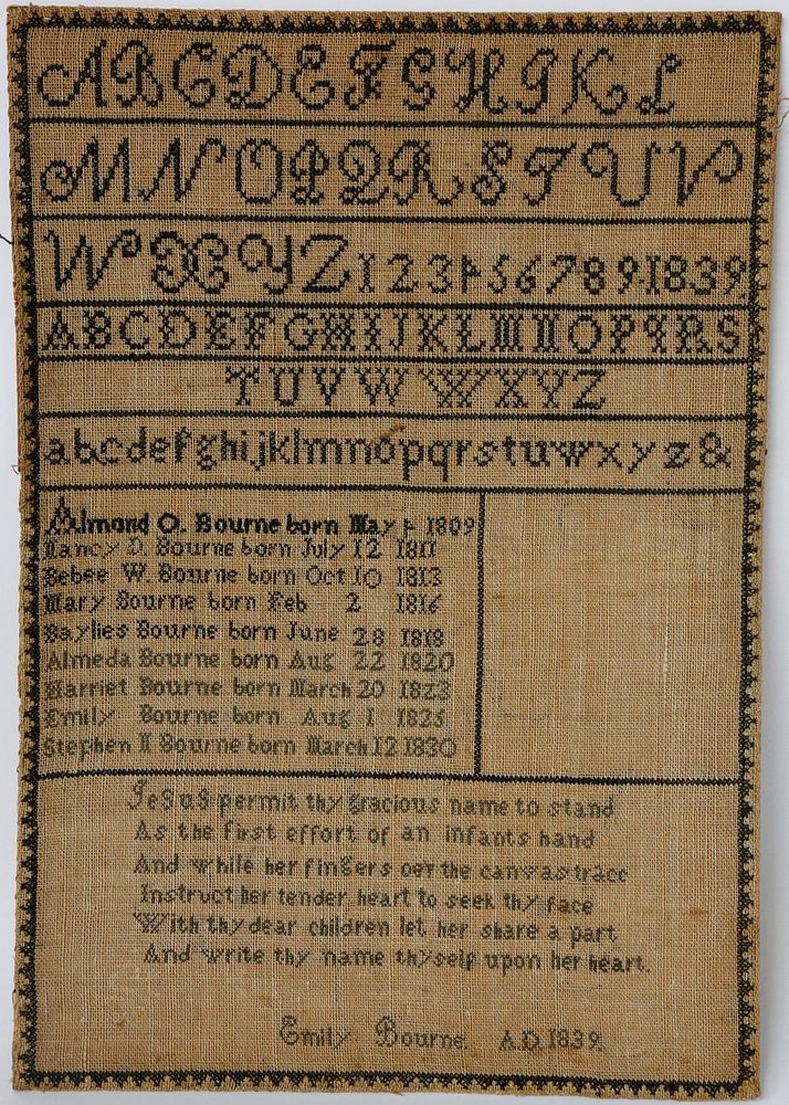 Appraisal: Emily Bourne Sampler circa Emily Bourne Sampler circa family lineage