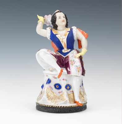 Appraisal: A Fancy Costume Figural Tobacco Jar Conta Bohme Porcelain figural