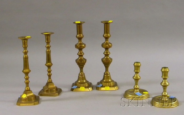 Appraisal: Three Pairs of Brass Candlesticks ht to in