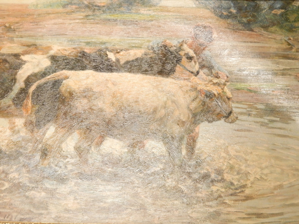 Appraisal: thC School Farmhand leading cattle through a stream print cm