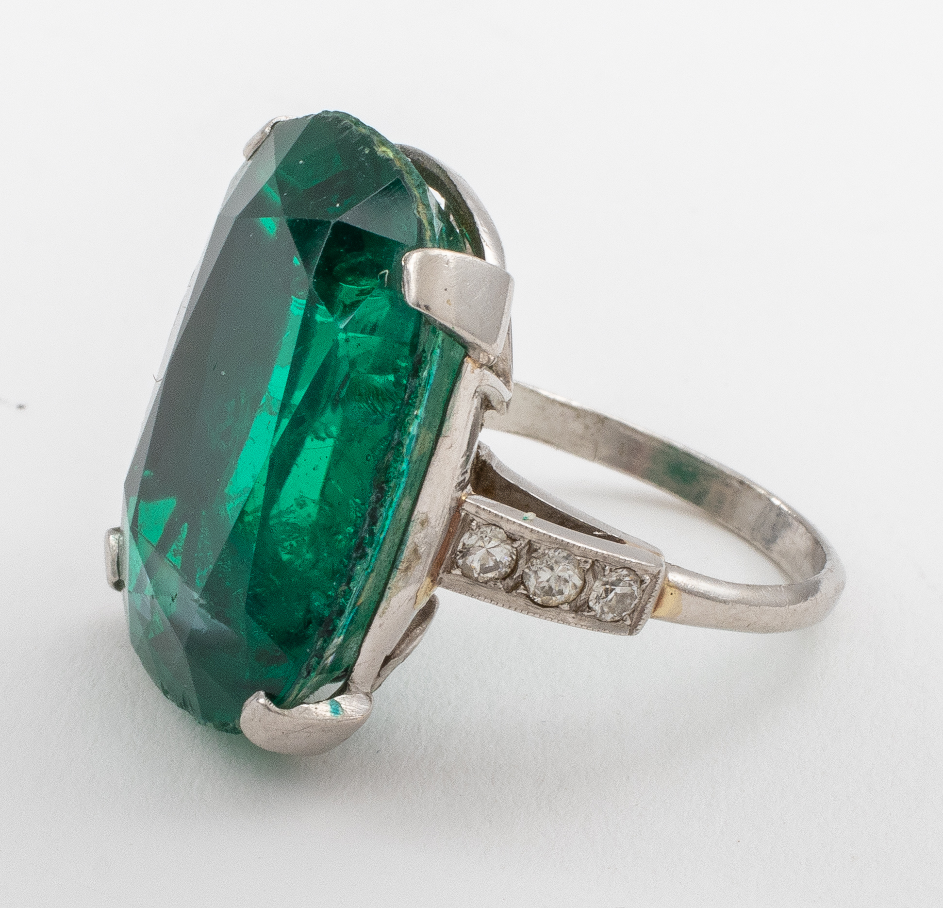 Appraisal: ART DECO PLATINUM EMERALD DOUBLET DIAMOND RING Art deco platinum