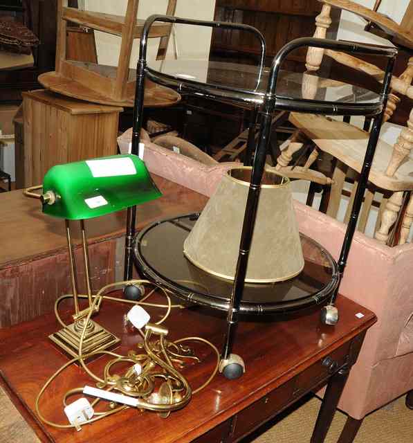 Appraisal: A BRASS AND GREEN GLASS DESK LAMP together with a