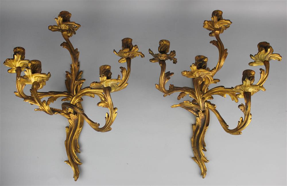 Appraisal: PAIR OF LOUIS XV STYLE GILT BRONZE FIVE LIGHT WALL