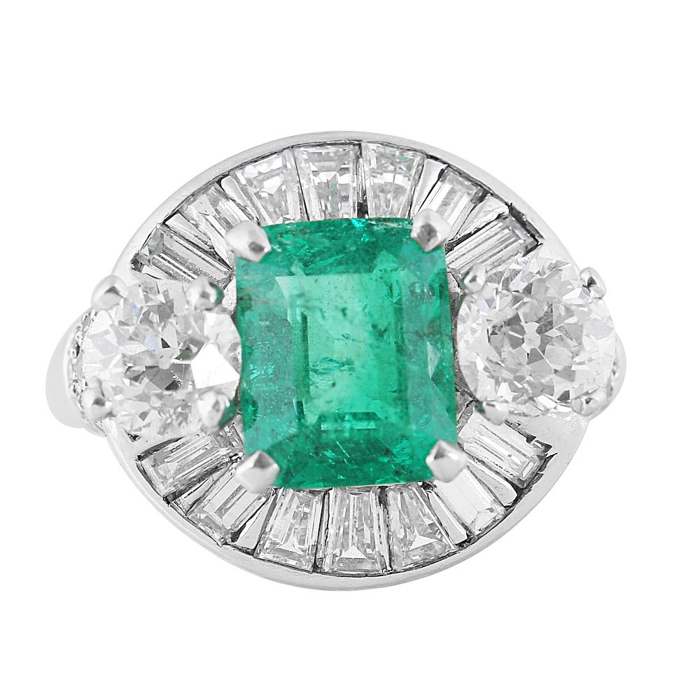 Appraisal: EMERALD AND DIAMOND RING EMERALD AND DIAMOND RING square cut