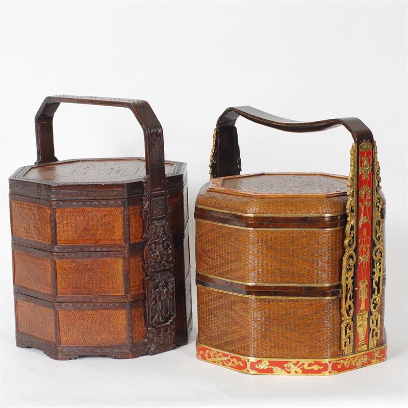 Appraisal: Pair of Chinese food baskets with carved and painted designs