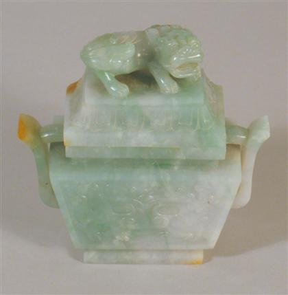 Appraisal: Chinese covered jade censer Qing dynasty Of small archaic and