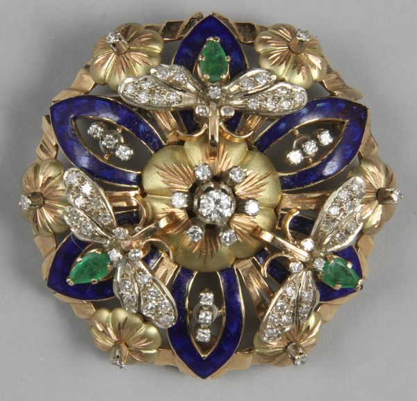 Appraisal: Ladies 's- 's kt gold brooch having diamonds blue enamel