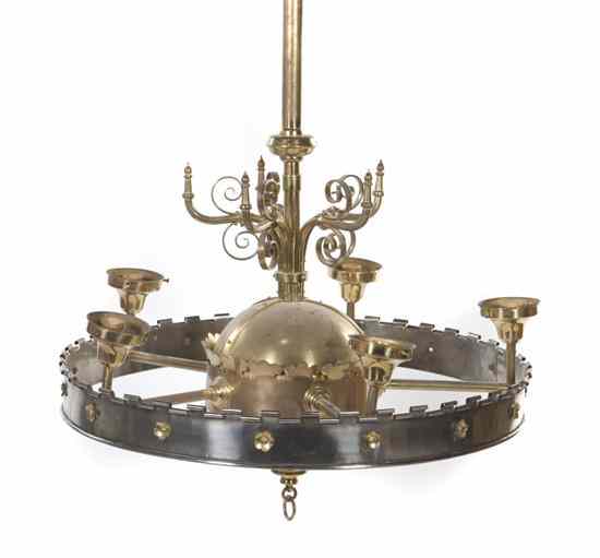 Appraisal: A Continental Silvered Metal and Brass Five-Light Chandelier having a