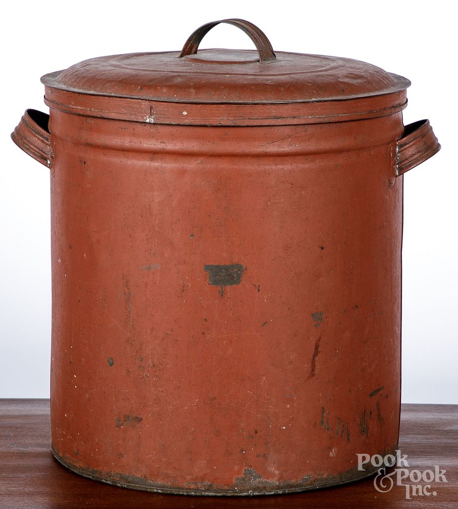 Appraisal: Red painted tin canister Red painted tin canister h Condition