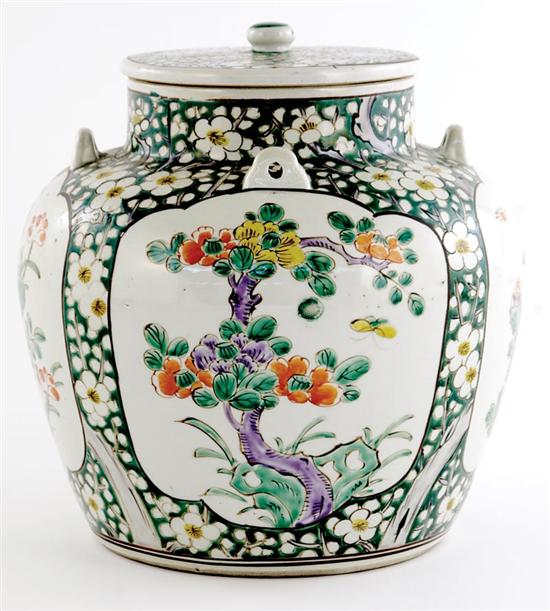 Appraisal: Chinese Export famille rose covered jar flat cover with knop