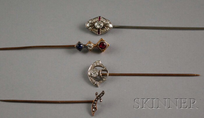 Appraisal: Four Art Deco Diamond and Gem-set Stickpins one missing a