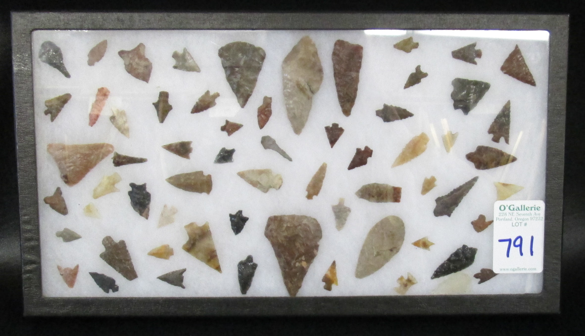 Appraisal: FRAME OF NORTHWEST NATIVE AMERICAN GEM ARROWHEADS AND KNIVES knapped