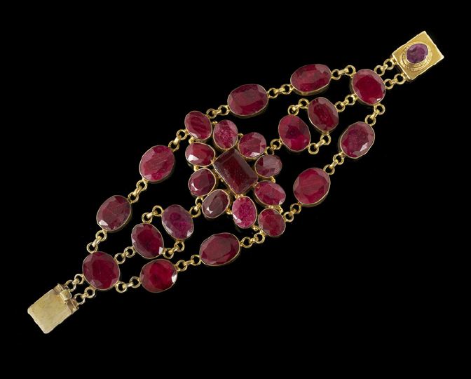 Appraisal: Bold Vermeil and Ruby Indian-Style Bracelet composed of bezel-set faceted