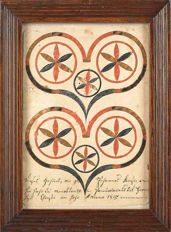 Appraisal: Southeastern Pennsylvania ink and watercolor fraktur dated with heart and