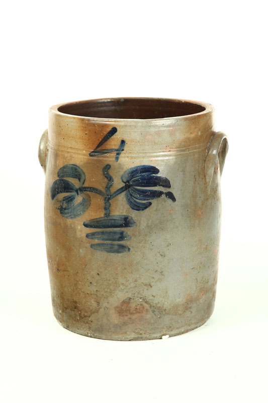 Appraisal: STONEWARE CROCK Attributed to Ohio mid th century Four-gallon crock