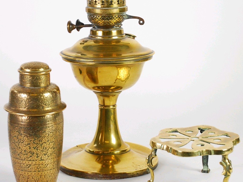 Appraisal: BRASS OIL TABLE BASE cm high af BRASS TRIVET and