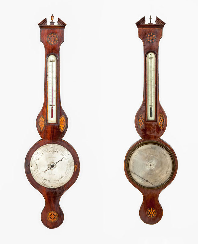 Appraisal: TWO SIMILAR GEORGE III INLAID MAHOGANY BAROMETERS One marked 'Exter'