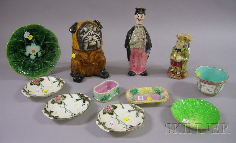 Appraisal: Ten Majolica Glazed Items and a Painted Ceramic Figural Tobacco