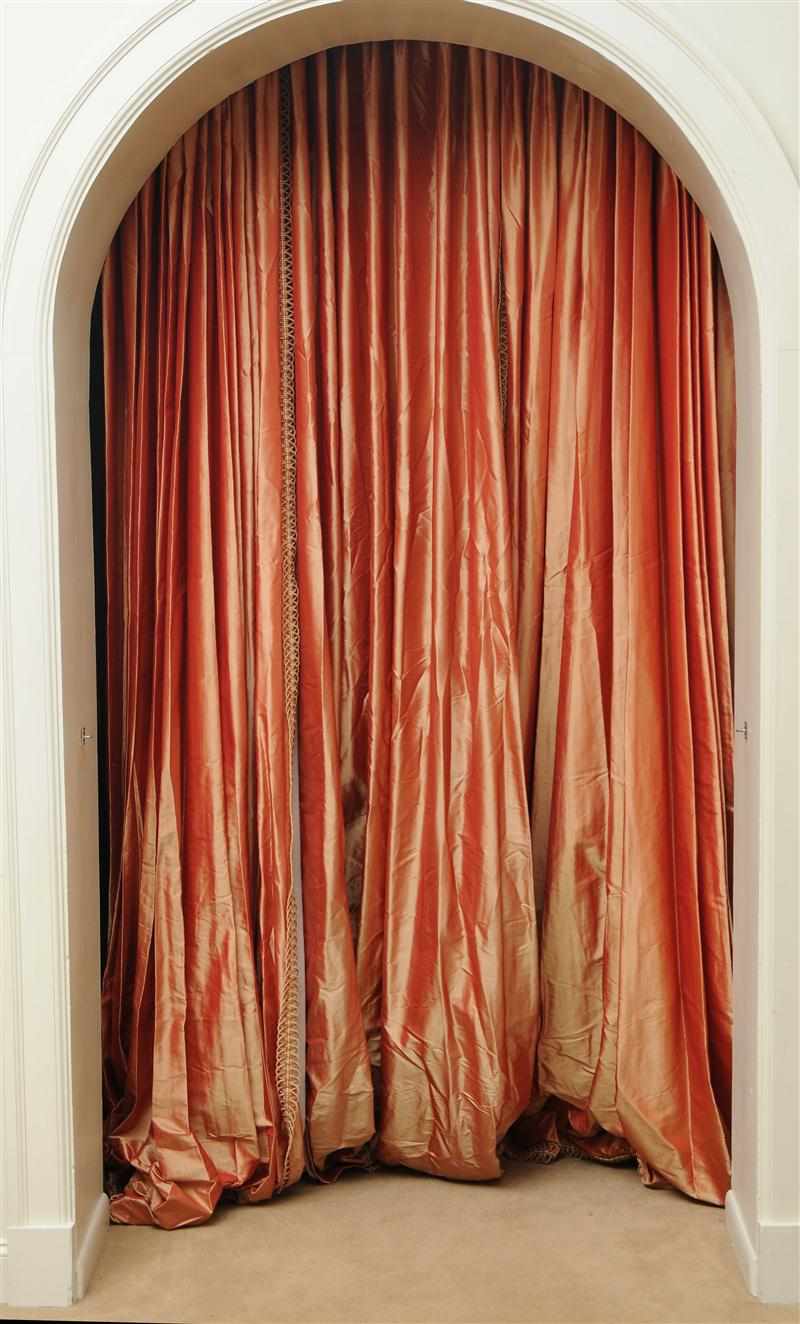 Appraisal: SET OF SALMON TAFFETA CURTAINS Six panels Each panel approx