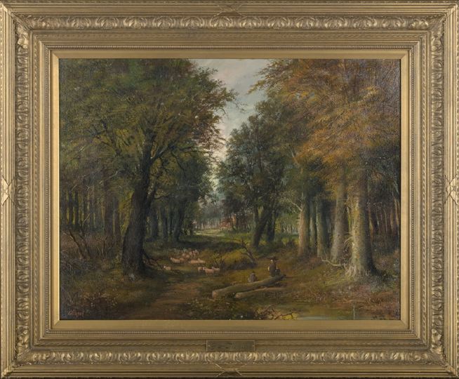 Appraisal: G Thompson British th Century Woodland Interior Scene with Herders