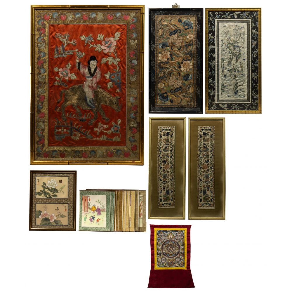 Appraisal: ASIAN ART ASSORTMENT items including a painted and embroidered silk