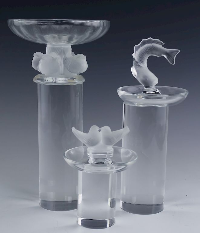 Appraisal: Lot Lalique Nogent Compote Fish Bird Pin Trays Lot of