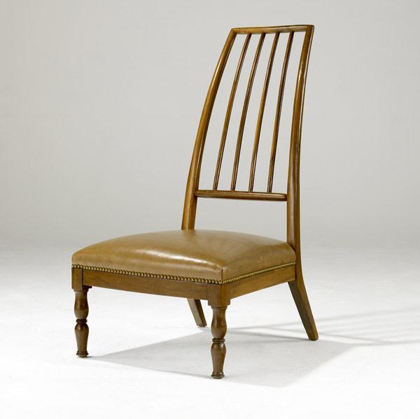 Appraisal: DANISH Highback side chair with leather cushion and brass tacking