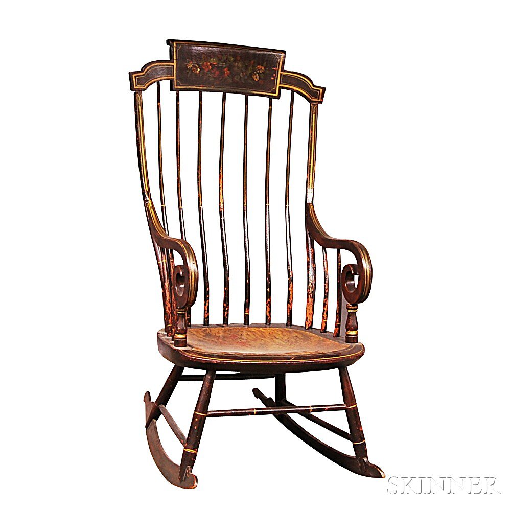 Appraisal: Paint-decorated Boston Rocker th century the cresting with floral-painted tablet