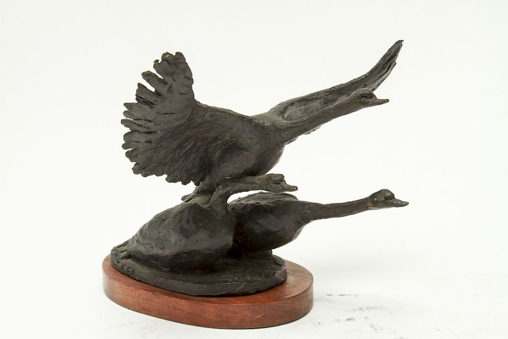 Appraisal: Three Geese Patinated Bronze Sculpture Three geese patinated bronze sculpture