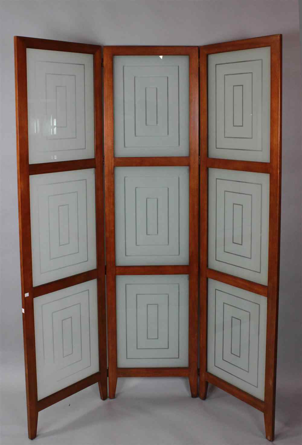 Appraisal: CONTEMPORARY THREE PANEL FOLDING CHERRY SCREEN WITH FROSTED GLASS DESIGN