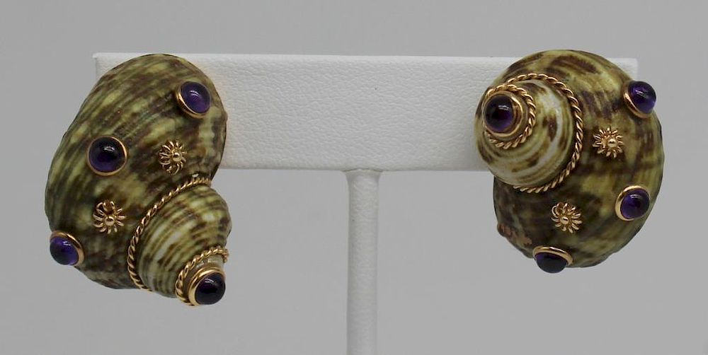 Appraisal: JEWELRY Seaman Schepps STYLE kt Gold Shell and Amethyst Earrings