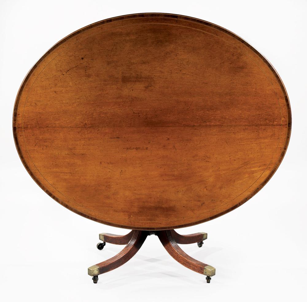 Appraisal: Regency-Style Inlaid Mahogany Breakfast Table oval tilt top reeded standard