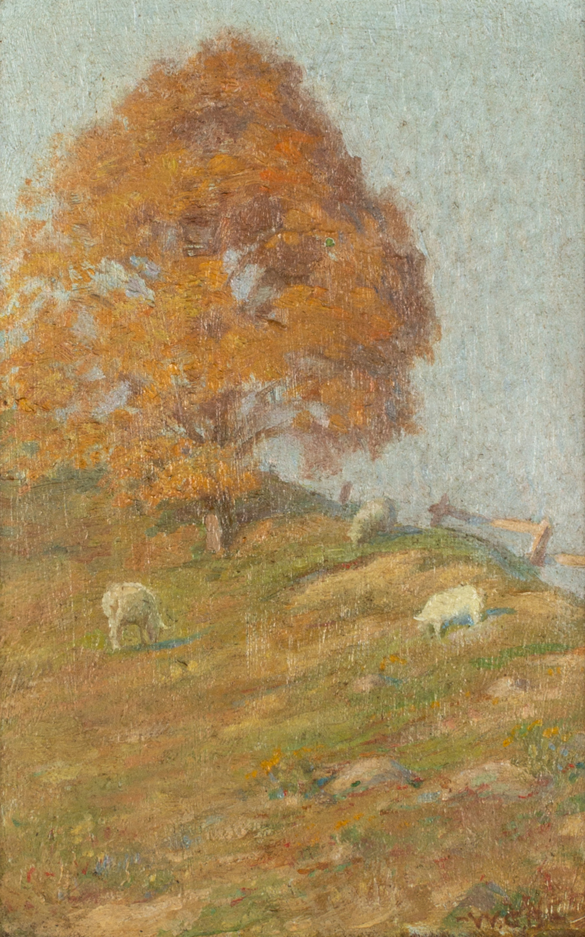 Appraisal: ILLEGIBLE ARTIST LANDSCAPE PAINTING WITH SHEEP Oil on board Initialed