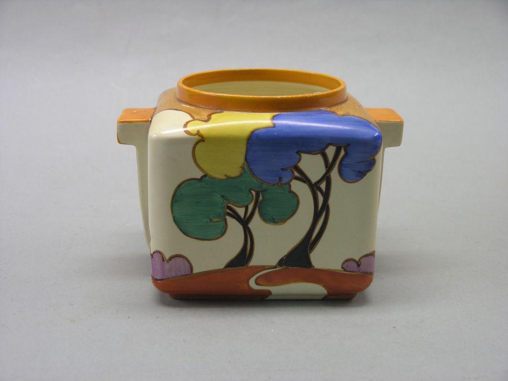 Appraisal: A Clarice Cliff biscuit barrel Fantasque series stylised trees in