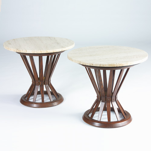 Appraisal: EDWARD WORMLEY DUNBAR Pair of Sheaf-of-Wheat tables with travertine tops