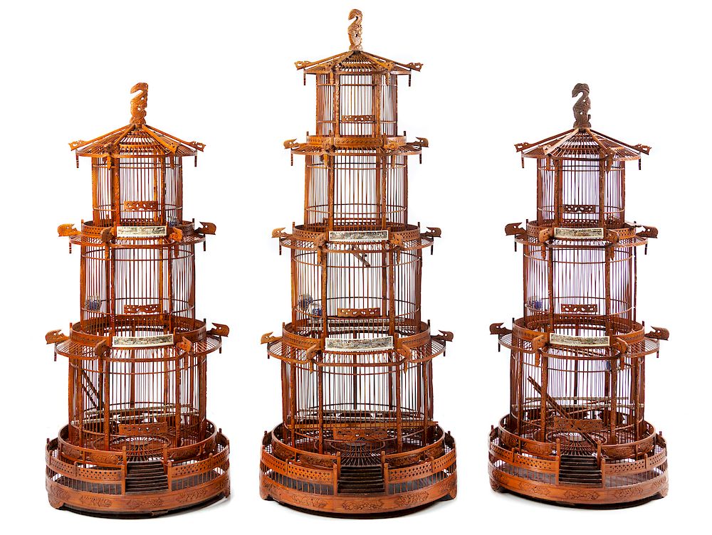 Appraisal: Three Large Chinese Bamboo Bird Cages Three Large Chinese Bamboo