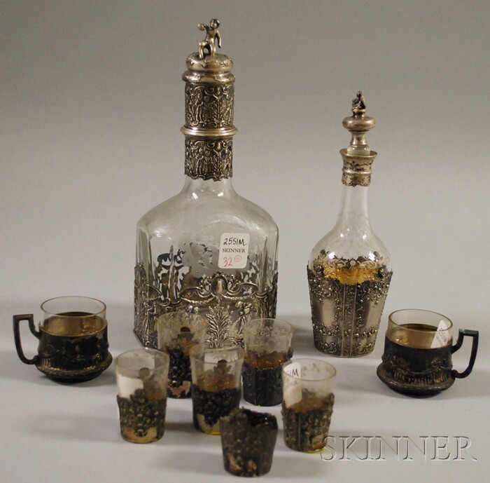 Appraisal: Group of Continental Silver-mounted Glassware an etched bottle with five