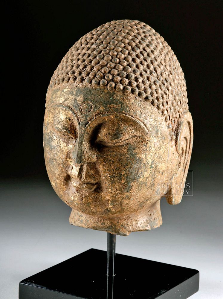 Appraisal: Chinese Qi Dynasty Gilded Stone Buddha Head East Asia China