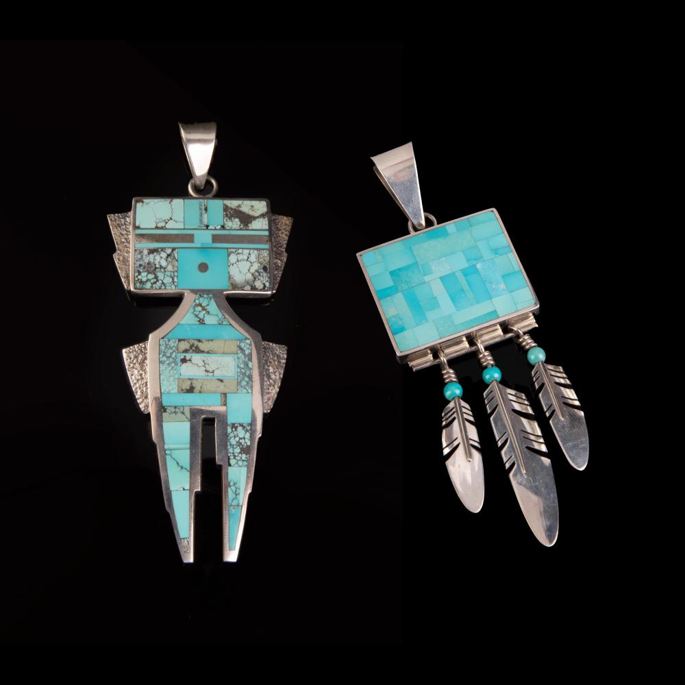 Appraisal: RAY TRACEY PAIR OF SILVER AND TURQUOISE PENDANTS KATSINA INLAY