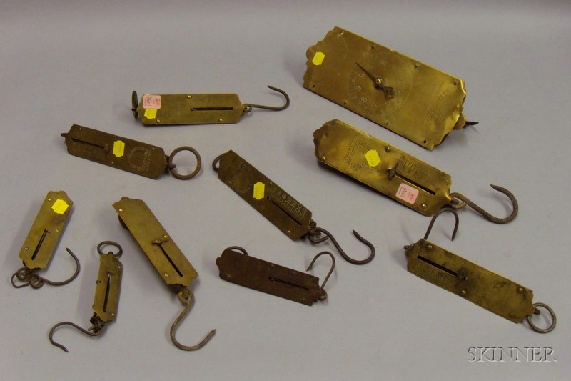 Appraisal: Ten Brass-faced Hanging Scales Two Brass Kettle with Iron Swing