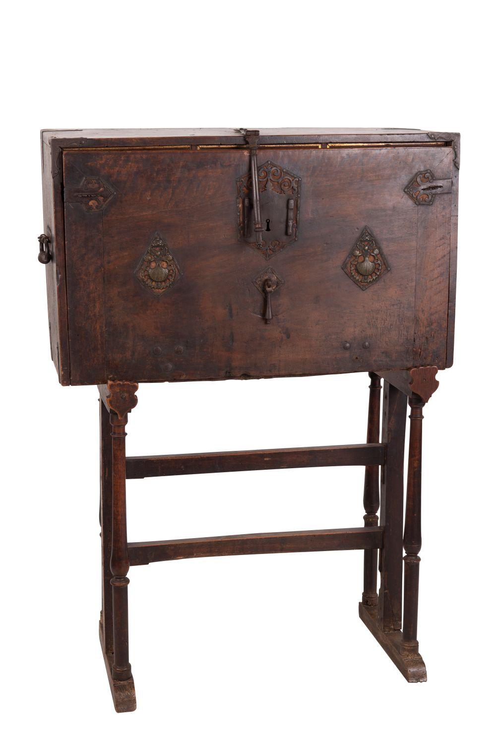 Appraisal: SPANISH WALNUT IRON VARGUENO ON STANDthe iron mounted fall front