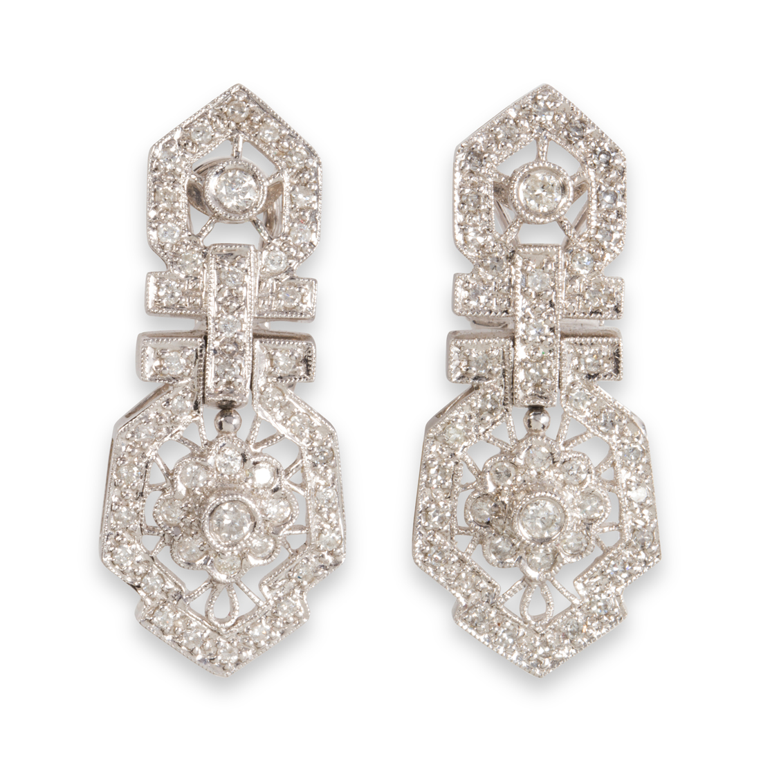 Appraisal: A PAIR OF DIAMOND AND FOURTEEN KARAT WHITE GOLD EARRINGS