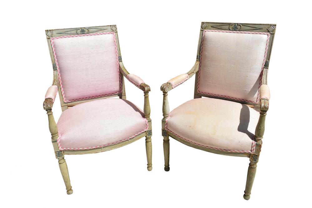 Appraisal: PAIR OF DIRECTOIRE PAINTED FAUTEUILS A LA REINECirca The rectangular