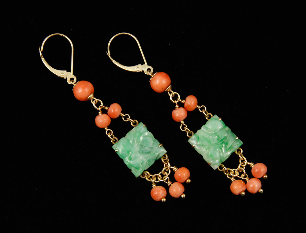 Appraisal: - K Gold Jade and Coral Earrings Pair of K