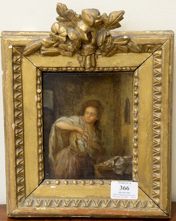 Appraisal: Oil on panel interior scene with woman th century or