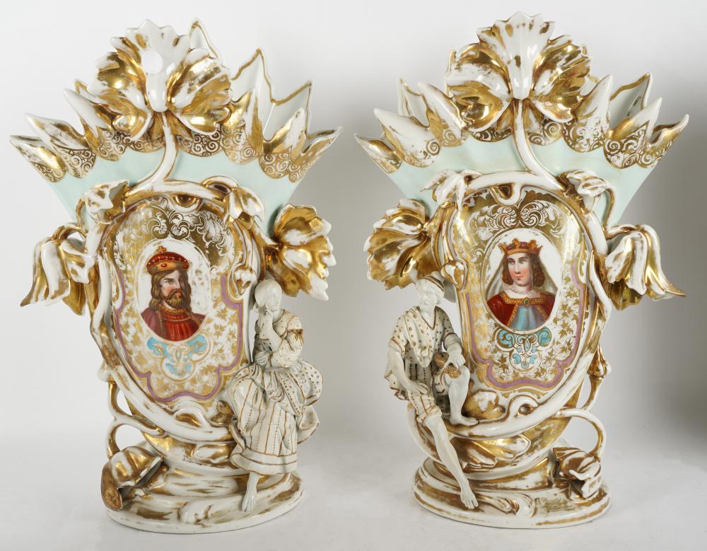 Appraisal: PAIR OF CONTINENTAL PORCELAIN PORTRAIT VASESunmarked hand-painted with a king